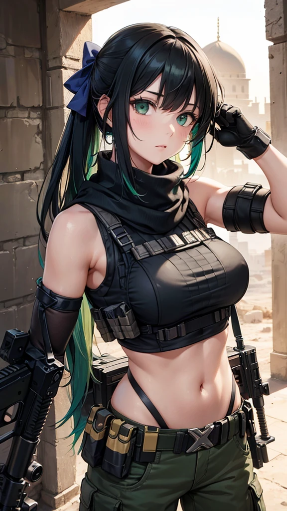 all realistic intrincate details, scarf, crop tank top, bulletproof vest, cargo pants, gloves, sniper rifle, scope, trigger discipline, desert, middle eastern architecture, must raised armpit, holding ranged weapon, long hair, bangs, black hair, hair ornament, firm breasts, bow, green eyes, multicolored hair, green hair, two-tone hair, streaked hair, random angle