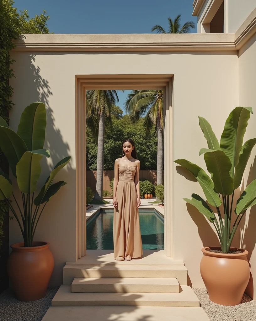 professional photograph of a ball villa,__perspective__, bold lines, hyper detailed, warm natural lighting, cinematic, film grain, laying , bali villa with tropical plants and palm trees in the background, cream stone stairs and cut out archs, (intricate details, masterpiece, best quality:1.4),hyper detailed, bright extensive palette, warm natural lighting, cinematic, film grain, depth of field, (intricate details, masterpiece, best quality:1.4), mesmerizing, dynamic, dramatic, sensual beige attire, dynamic standing pose, clean lined, highly detailed, bestRay tracing, light, 4k