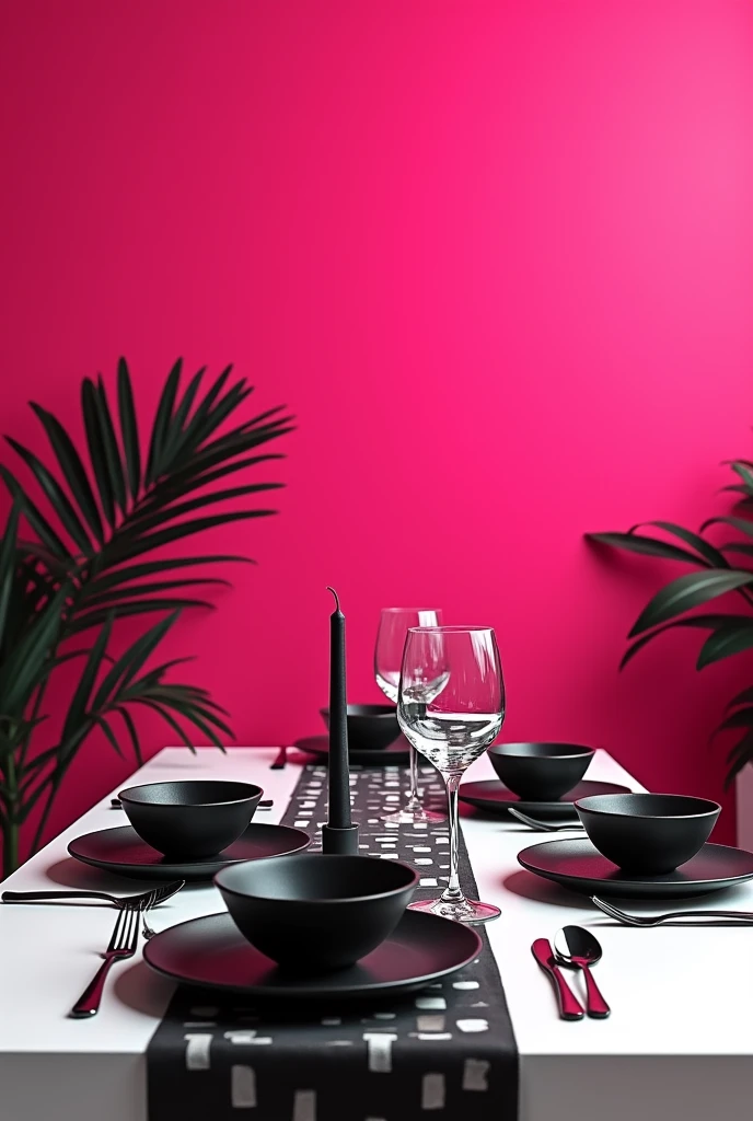 Create a black and white party table on a pink background