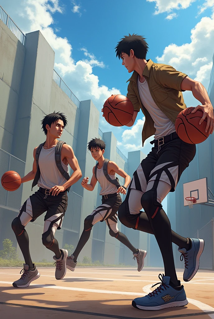 Levi akerman zeke jeager y Karl fritz jugando baskettball