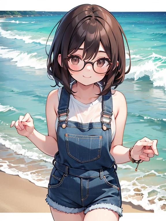 1 female、Brown hair、Brown eyes、Black frame glasses、seductive 、beautiful faces、perfect body。whole body, Best Quality、ultra detailed、8k resolution、photo and rude。Running on the beach。sleeveless shirt, barefoot, evening gown、denim shorts overalls。, a smile。saying uwu.