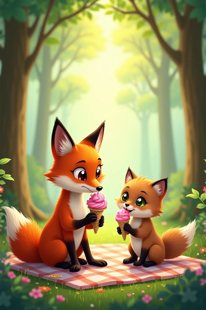 Drawing of a fox and a brown kitten, eating ice cream in a forest