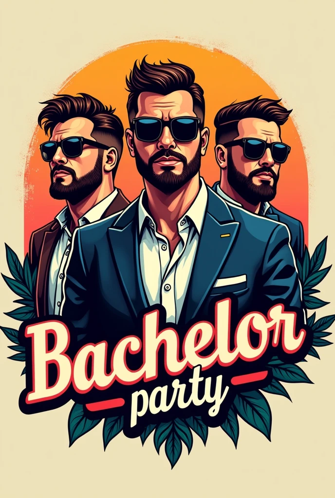 retro logo bachelor party, three guys with sun glasses, named eliot, posh y yisus