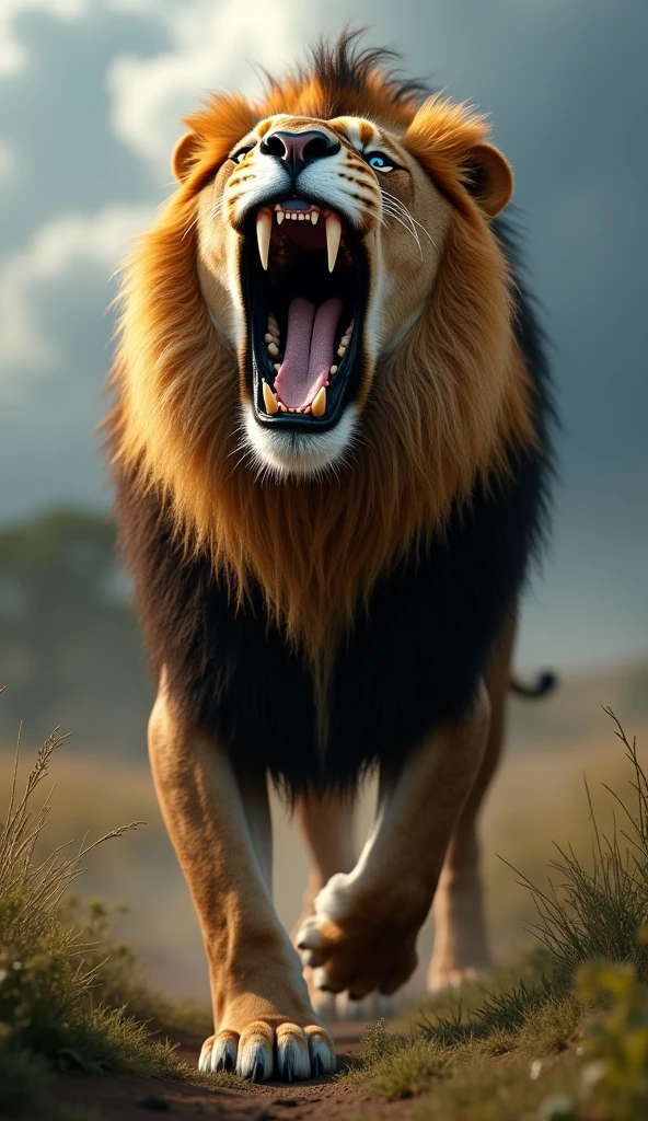 Generate an ultra realistic 8k image of a big strong blue-eyed lion roaring