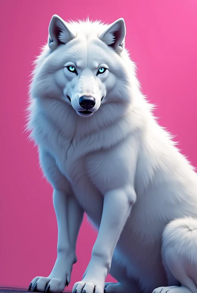 White wolf with blue eyes, well detailed, intimidating and attractive, pink background for guild logo 