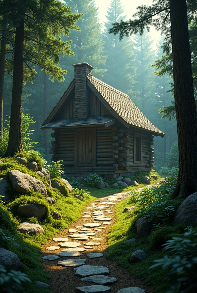 A stone path leading to a cabin hidden in the forest.