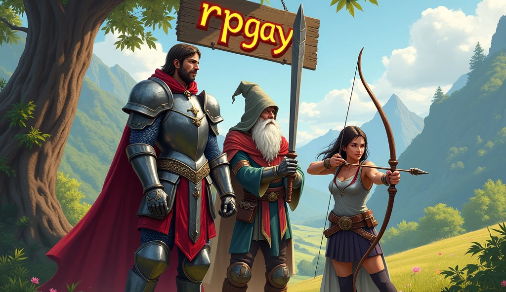 create a group of companions with a paladin,A wizard,a female warrior with a bow and arrow in a medieval world with a sign saying "RPGAY"