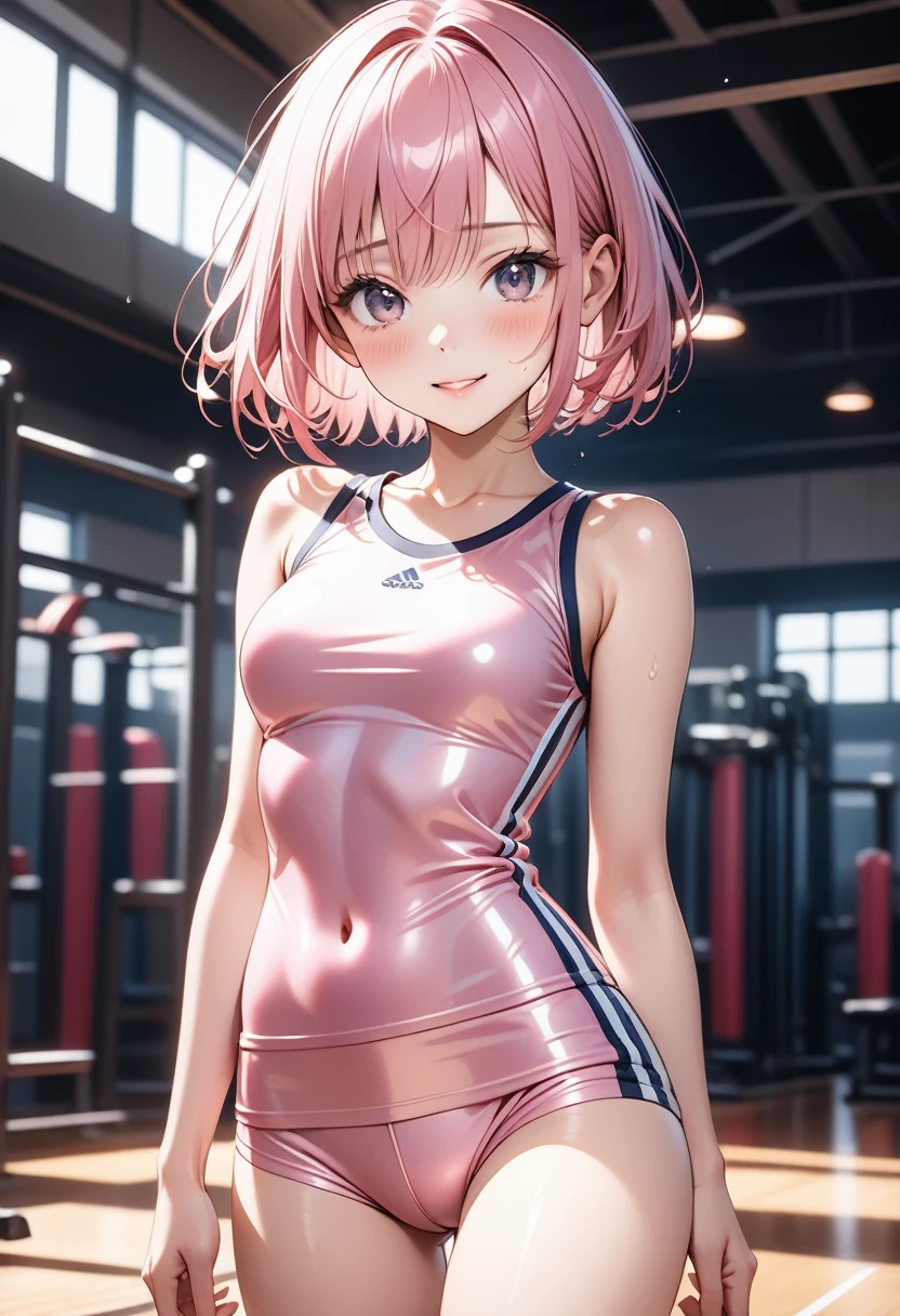 ((School gym clothes)), ((Shiny Costumes)), (skindentation), skinny, alone, solo, Masterpiece, highest quality, highest quality, 16K, incredibly absurd, highly detailed, 2.5D, ai-generated, delicate and dynamic, very delicate facial expressions, delicate eye depiction, erotic, only sexy woman, ((A cute and kind face)), healthy figure, ((1 woman)), 160cm tall, ((medium firm swaying bust)), medium breasts, (short hair), Straight Hair, (pink hair:1.5), bob cut, black eye, blush, Sweat,Embarrassed,sexy, ((thin thighs)), shiny and lustrous, facing straight at viewer,  smile, ((standing)), ((arm at side)),