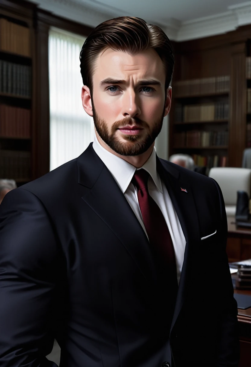 Generate Chris Evans image, dressed in a dark suit in a US political office.