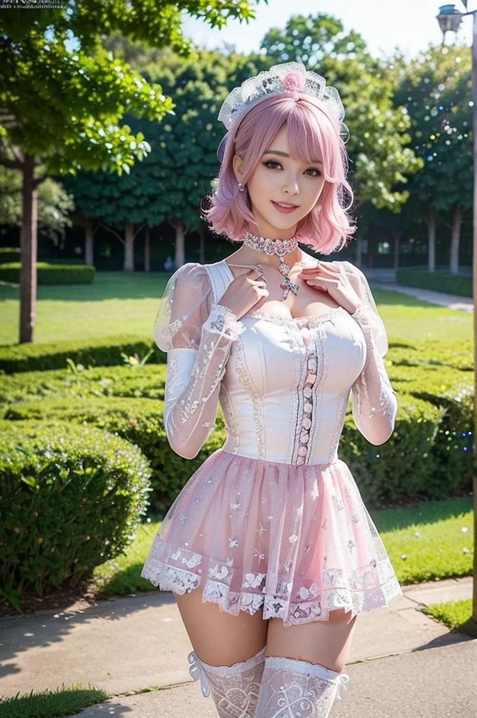 One girl, schoolgirl, Lolita, baby face, about 16 years old, ((very revealing pink leotard))), (clothes that show through the skin)), (white stockings), white fishnet stockings, (((pink clothes))), (bondage), (Big)))))), (emphasizing breasts, showing off breasts, protruding breasts), pink ribbons in hair, outdoors, rose arches, Lots of flowers, best smile, bun head, pink hair, hair fluttering in the wind, UHD, retina, masterpiece, ccurate, anatomically correct, textured skin, super detail, high details, high quality, award winning, best quality, highres, 1080P, HD, 4K, 8k, 16k, rose garden, cosmos field, bright flower garden, rose arch