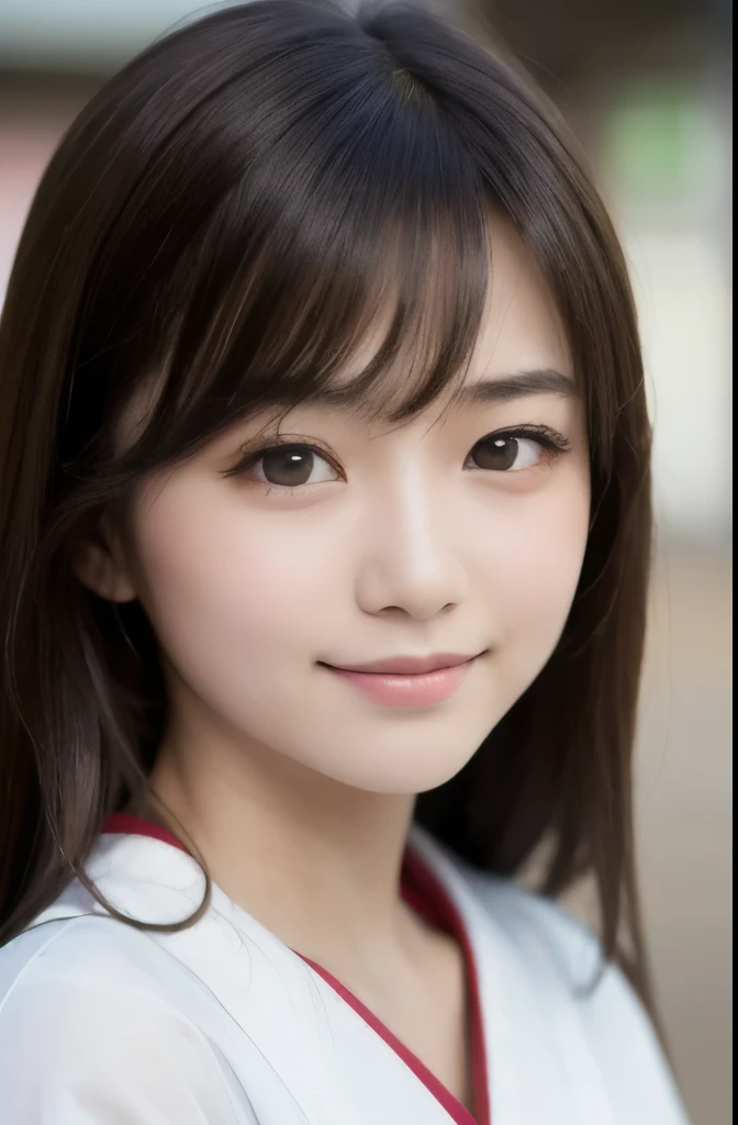 best quality, face focus, soft light, ultra high res, (photorealistic:1.4), RAW photo,(Shinozaki Ai), (fair skin), High school girl, 1 Japanese girl, solo, cute, smile, (pupil, lights in the eyes),  detailed beautiful face, busty,(high resolution detail of human skin texture),long hair,(portrait), upper body, Japanese white kimono