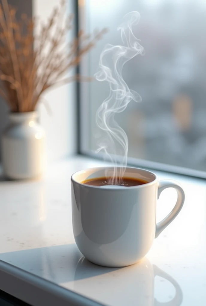 Cup of coffee with a white counter in the background on a cold day.