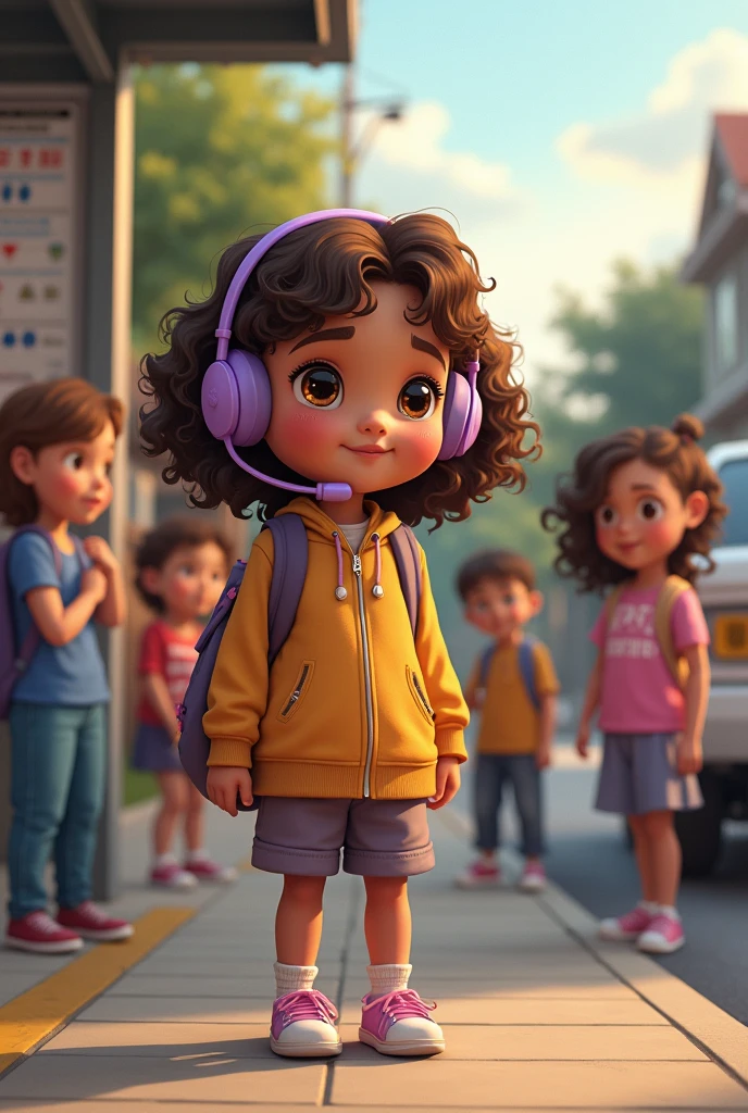 Create several approximately s sitting at a bus stop, among these children one is approximately , She must have curly hair with golden highlights, your skin should be brown and your eyes brown, who is of average height and has a cute appearance with a lilac headset
