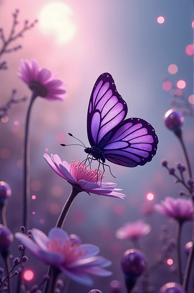 The background is pinkish blue, moonlight, All expressed by gems, the arrival of spring, various beautiful flowers, Beautiful purple swallowtail butterfly, angles looking from below, various gems falling from the sky, beautiful and beautiful magnificent view, slightly foggy, fantastic , high definition, 8K, (best quality, high definition, realistic: 1.37), shiny metallic flowers, intricate and delicate petals, reflective surfaces, vivid colors, intricate details, close-up view, surreal garden, surreal beauty, dreamlike atmosphere, fine art, abstract plants , metal sculptures, contrasting textures, ethereal glow

