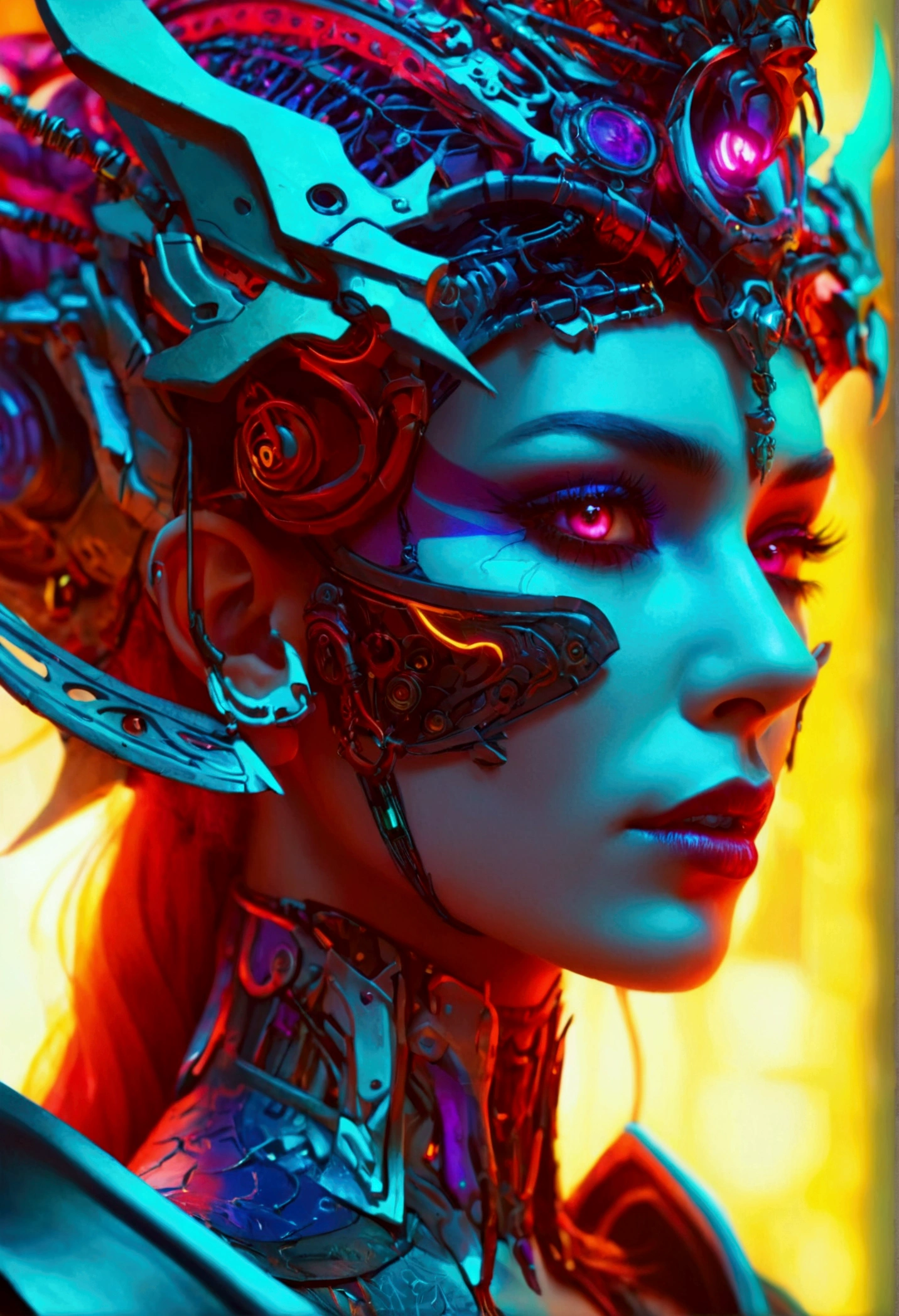 a close up of a woman with a very elaborate headpiece, cyberpunk robotic elvish queen, portrait of a cyborg queen, beautiful elegant demon queen, seductive cyberpunk dark fantasy, detailed matte fantasy portrait, fantasy art behance, cgsociety saturated colors, deviantart artstation cgscosiety, aetherpunk airbrush digital art