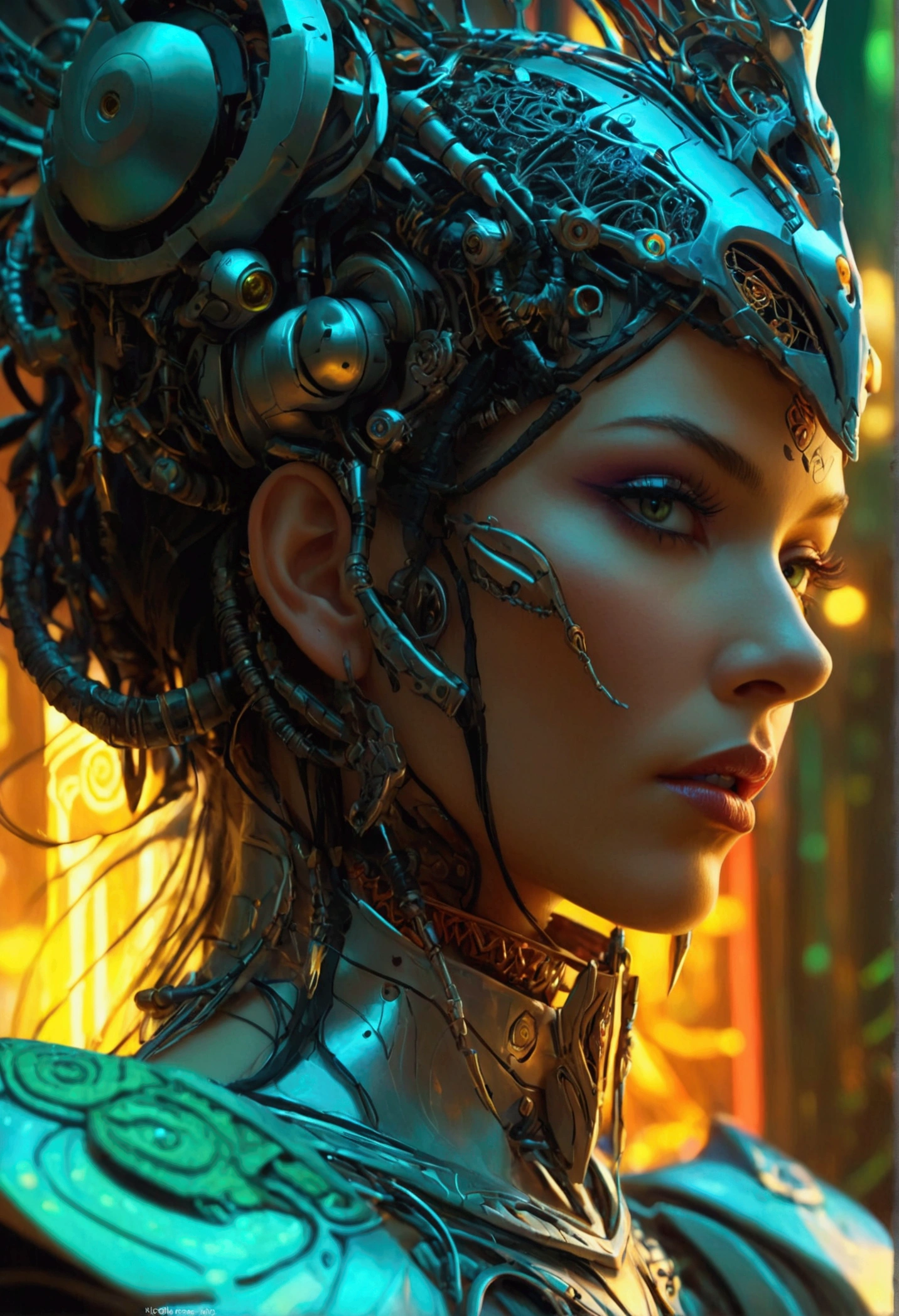 a close up of a woman with a very elaborate headpiece, cyberpunk robotic elvish queen, portrait of a cyborg queen, beautiful elegant demon queen, seductive cyberpunk dark fantasy, detailed matte fantasy portrait, fantasy art behance, cgsociety saturated colors, deviantart artstation cgscosiety, aetherpunk airbrush digital art