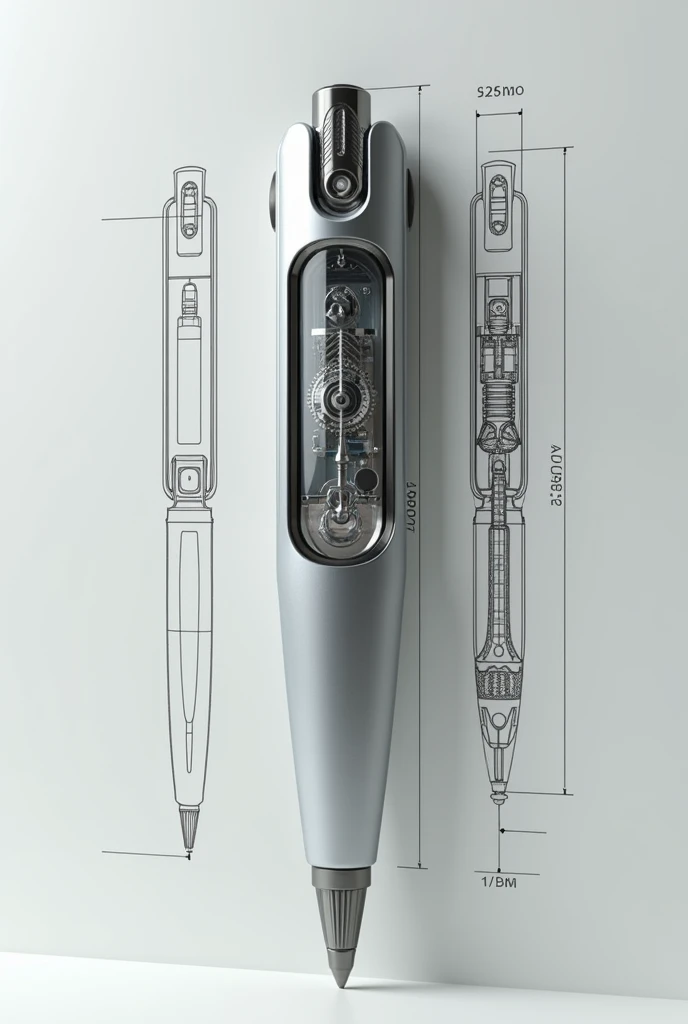 Pen  designed with mirror on it with techincal pen assembly sketch