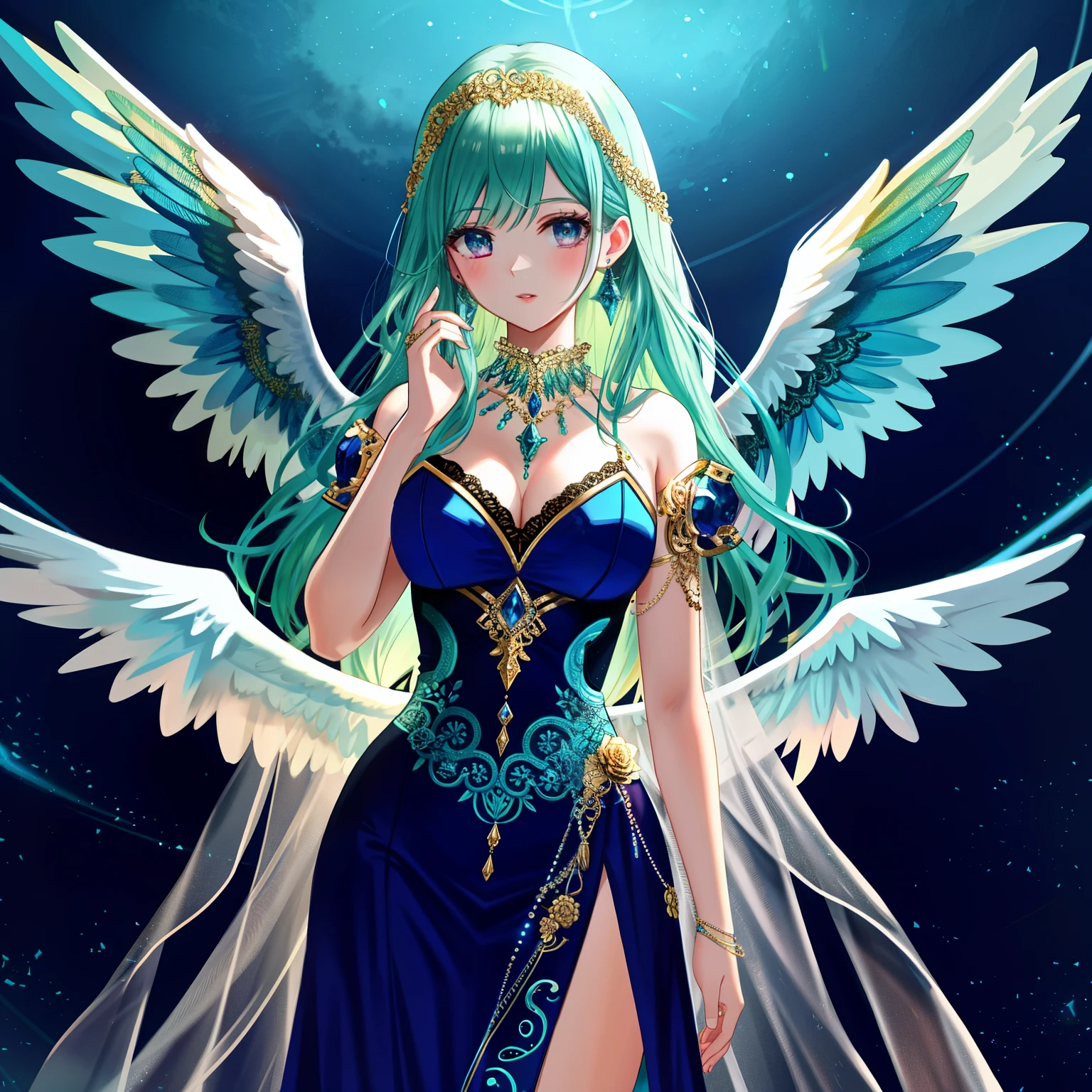 ((((The strongest ultra lucky))))1:1.5, (((mysterious)))1:1.5, (((Fantasy)))1:1.5, BREAK
Wings: Symmetrical angel wings extending from the back, with a mix of gold, Blue, and green (1:1.8), BREAK
Color: Gold (Main 1), Blue (Main 2), Green (Main 3), Emerald Green, Light Blue, Yellow, silver, Deep Red, Purple, orange, Pink (1:1.4), BREAK
Theme: Protection of mind and body, peace and tranquility, blessings for improved living standards, spiritual guardian, protection, and escort (1:2.0), BREAK
Quality: Masterpiece, ultra-detailed, an extremely delicate and beautiful, detailed beautiful face and eyes, perfect hands, natural pose, smooth skin, accurate anatomy, ideal ratio body proportions, realistic fingers, golden ratio 1.5, BREAK
Resolution: Ultra high resolution, high Saturation:1.5, HD, 4K, 8k, 16K, color bit depth 24-bit, 48-bit, BREAK
Special: Cute illustration:1.6, abstract, hyper-realistic, ultra detailed illustration, BREAK
Number of characters: Ultra-ultimate beautiful one woman, BREAK
Atmosphere: Mystical and peaceful, BREAK
Style: Gothic, BREAK
Power words: Artistic and ultimate, strongest and perfect, extraordinary, groundbreaking, astonishing, overwhelming, original, pioneering, innovative, BREAK
Recommended model and LoRA: BREAK
Sub-theme: Extremely detailed and beautiful, with clear boundaries, BREAK
Worldview: In a mystical realm, with swirling mists of Blue, green, and gold, BREAK
Additional elements: Cinematic lighting, highest quality backlights, soloist, perfect body, one girl, swirling neon energy in the landscape, elegant composition, Alice Bowlby, vampire woman, dancing, long flowing luxurious hair, intricate patterns and designs woven into a thin tulle gray dress with ornate decorations, stunning amber necklace and earrings, highly advanced drawing and intricate oil painting that exudes a mystical atmosphere, fusion of fear and luxury with mist effec