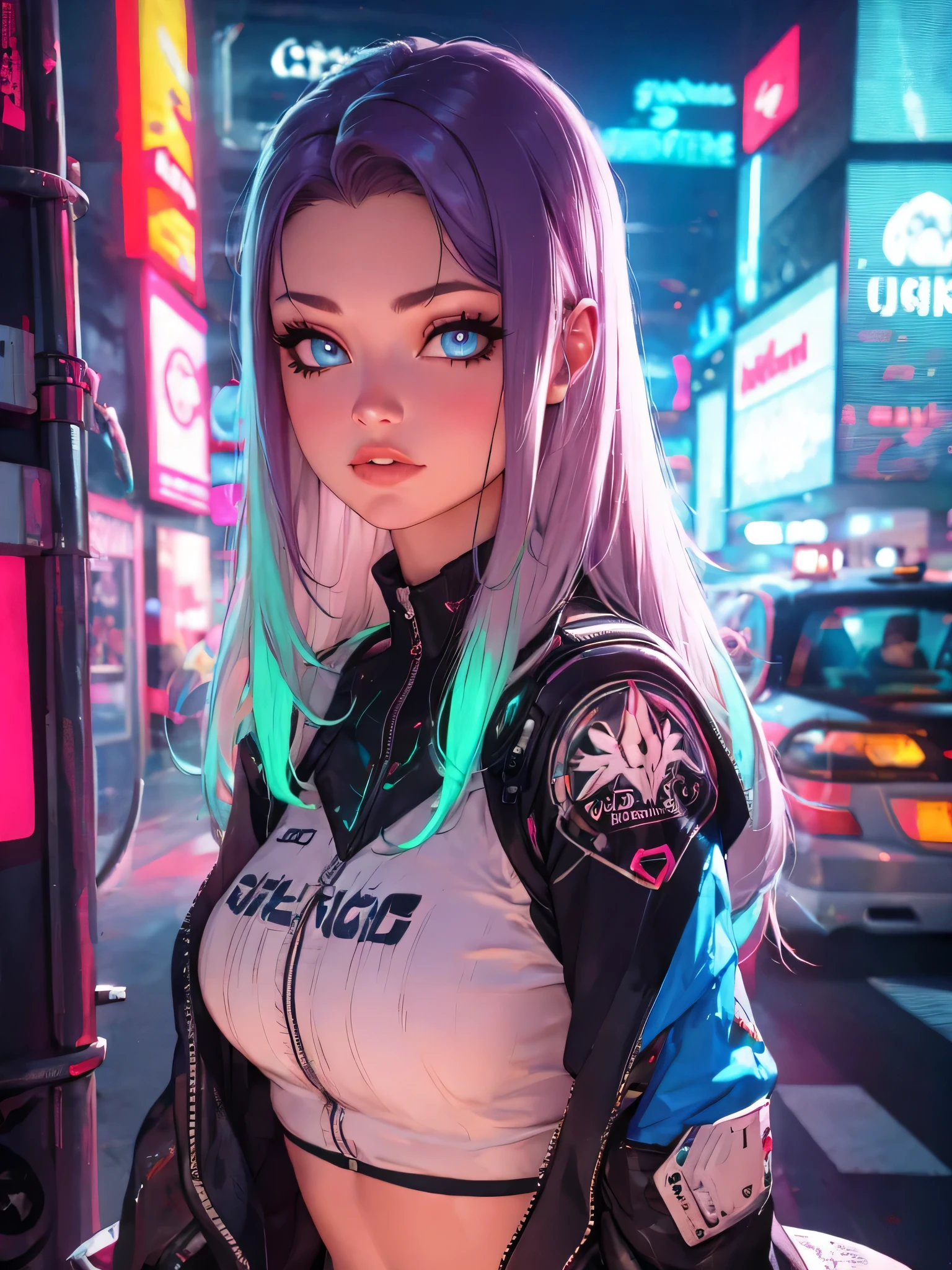 (pov) engaging perspective, rave girl, solo (aesthetic:1.2) detailed girl, bokkeh, beautiful detailed eyes, beautiful detailed lips, extremely detailed eyes and face, long eyelashes, bright neon colors underground, glowing cyberpunk aesthetic, futuristic city background, vibrant blue and purple (BOKEH), 8k, best quality, masterpiece, photorealistic, textured skin, muli nuance hair, ((shaved long hair))