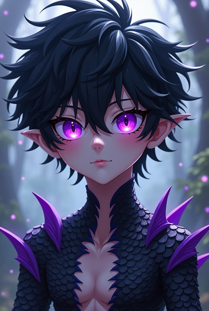 A boy with an attractive anime face who has dragon eyes and black scales with purple details on the edge of his body, pale skin and purple eyes with messy black hair
