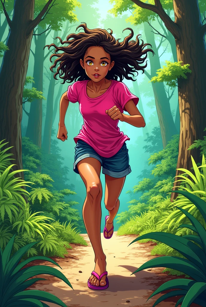 A young teenage girl with tanned skin, yellow eyes and messy curly hair running fast in a forest, She is wearing a short pink blouse and pink flip-flops, I want vibrant and very eye-catching colors, comic book style.