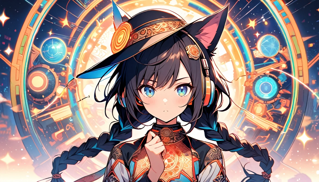 Beautiful 1, single, girl with braids, hair with glowing wires Wears a half hat, headphones, cat ears　Please include elements of mandalas and the universe in the background