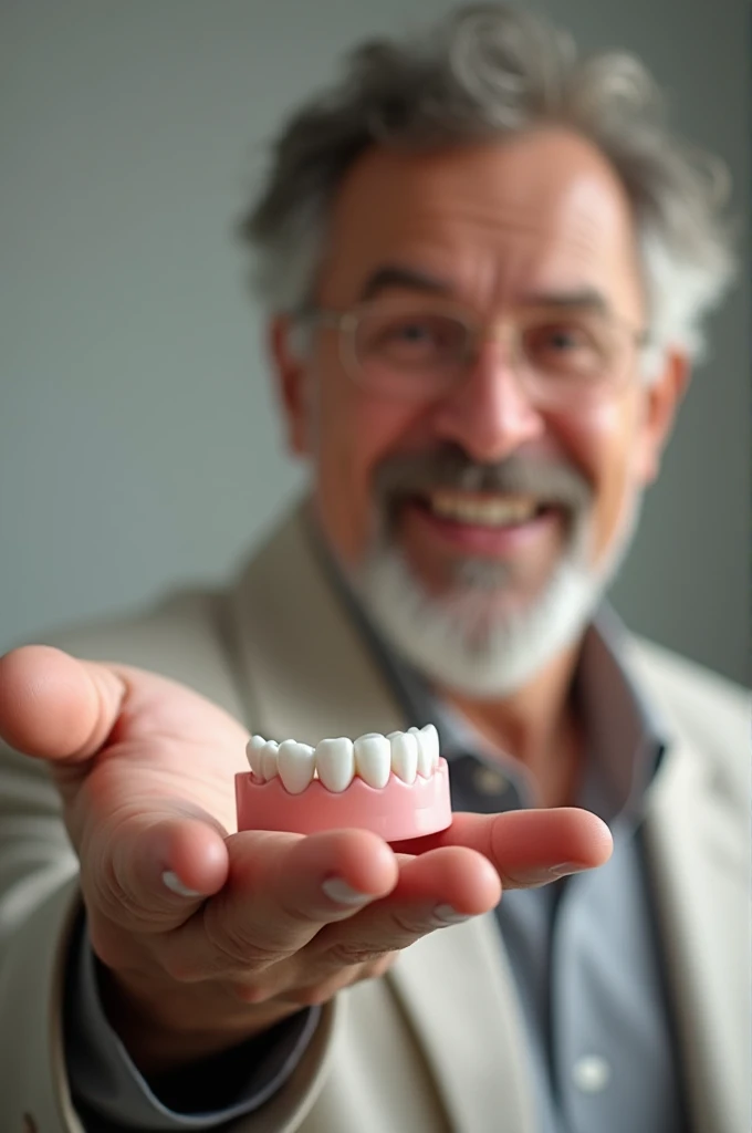 Man pointing showing a denture