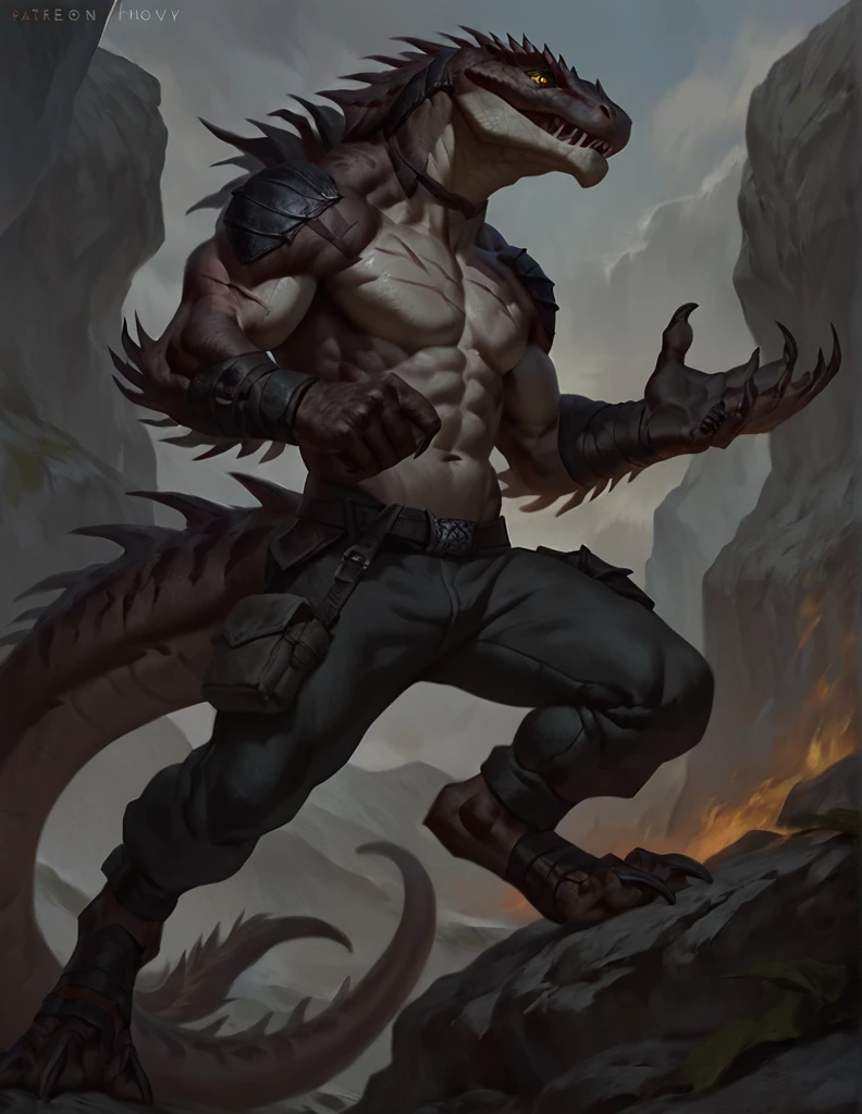 a ferocious male lizardfolk, anthro Glavenus, athletic, mercenary, pants, solo, scaly detailed body, full body, scars on body, cream and gray color body, yellow eyes, giant tail, comicbook style, best quality, 4k, ultra-detailed, by laobai, by taran fiddler, by honovy