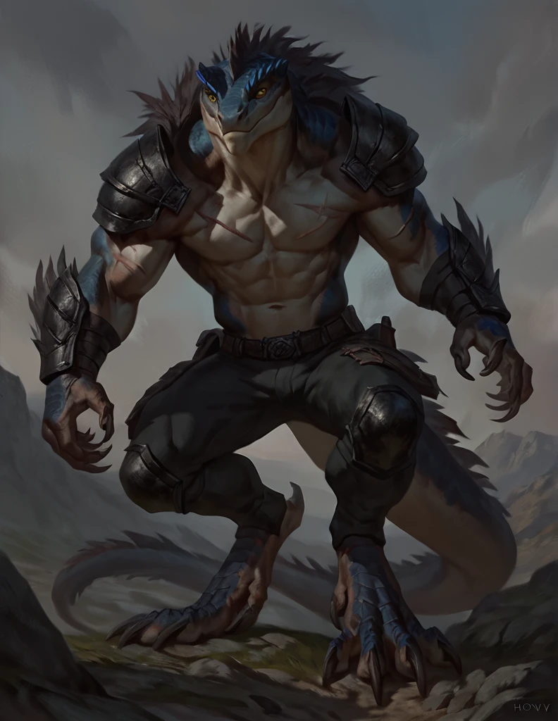 a ferocious male lizardfolk, anthro Glavenus, athletic, mercenary, pants, solo, scaly detailed body, full body, scars on body, cream and gray color body, yellow eyes, giant tail, comicbook style, best quality, 4k, ultra-detailed, by laobai, by taran fiddler, by honovy