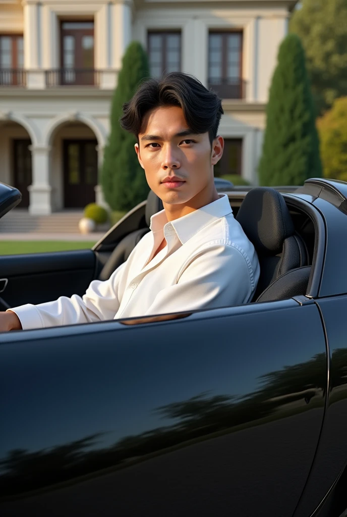 create a picture of a beatifull man of 2 with a fair soft white skin with circle face and puff of hair with black colour hair style wear a white shirt and sitting on driving seat of black buggati and car infront of luxury house showing full side angel of car