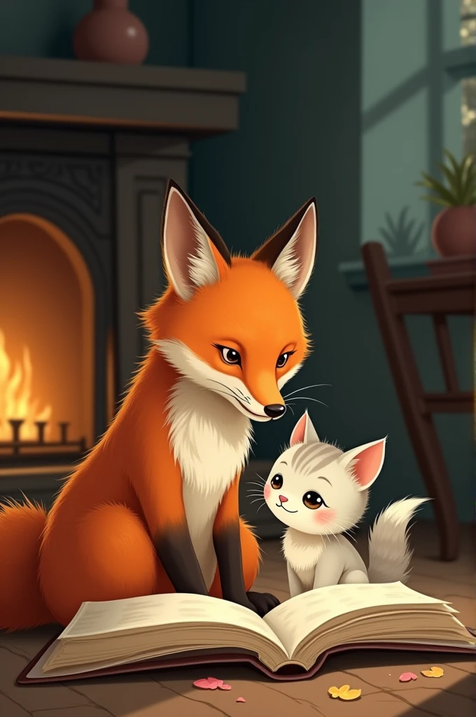 A drawing of a fox and a kitten reading a story 