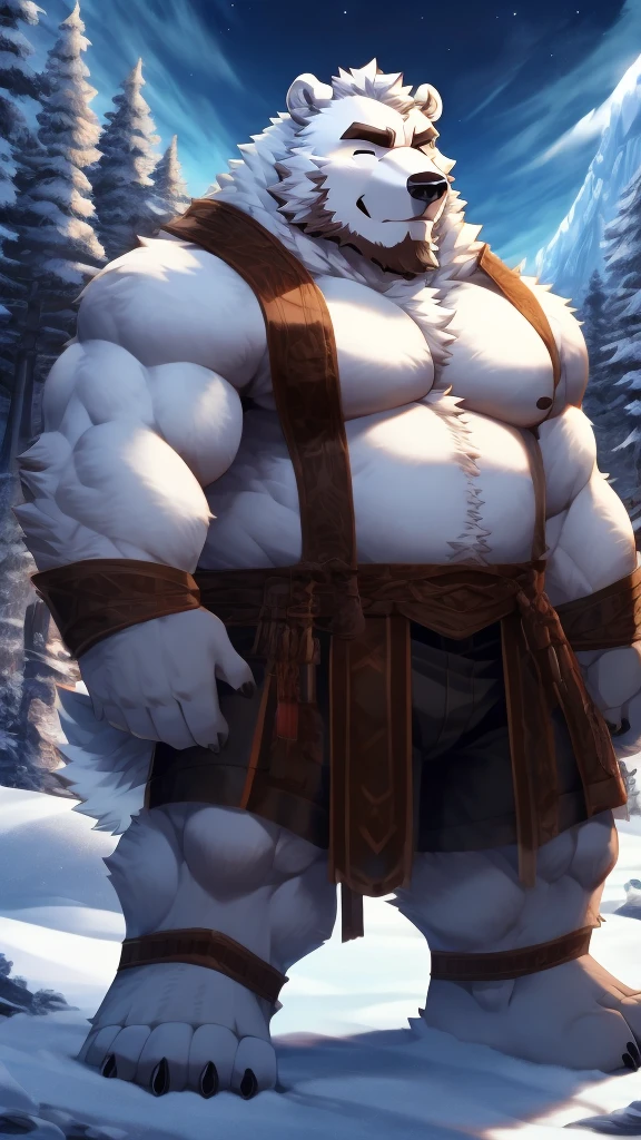 anime style, aid210, nj5furry, ((whole body)), ((barbarian)), standing, kick, ((plump middle-aged polar bear man)), BREAK ((brown eyes)), one eye closed, beautiful beard, beautiful ears, (male face:1.3), (big face:0.5), square jawline, (Male Eyes:1.2), (sharp eyes:0.8), (big eyes:0.5), male eyebrows, (innocent look:0.5), (beautiful black nails down to the last detail:1.2), BREAK (complete Anatomy), (detailed face:1.3), beautiful face, (detailed body), (beautiful hands:1.2), (detailed fingers:1.2), (detailed eyes:1.1), (beautiful Eyes:1.1), arm details, Leg Details, beautiful feet, BREAK Muscular anthlo, body hair, ((hairy skin)), fluffy, (blood vessel:-0.8), (glowing Skin:-0.7), (chest hair:0.5), (1 tail), (a beautiful and detailed small tail), BREAK night sky, snow mountain, outdoor, ultra detailed, highest quality, ultra-high resolution, realistic, 16K, masterpiece, beautiful detailed, perfect solution, absurdists, (faint light),