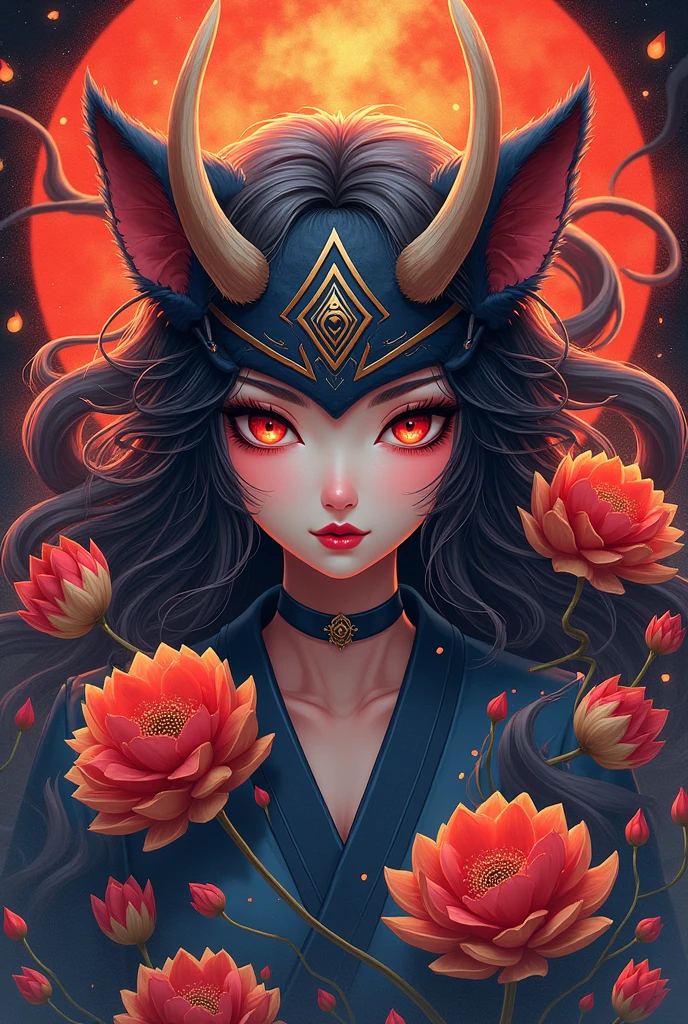 A drawing of an feminine oni mask which is surrounded by a Nekomata with lycoris in background