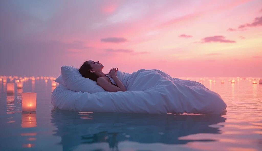 (Surrealist photo of a person lying peacefully on a floating bed that drifts over a calm, endless ocean. The bed is surrounded by small, glowing lanterns that hover just above the water. The sky is painted in soft hues of pink and purple from the setting sun. Wide-angle shot from a low angle, captured on a Sony A7R IV, with a soft focus filter, in the style of Claude Monet.)