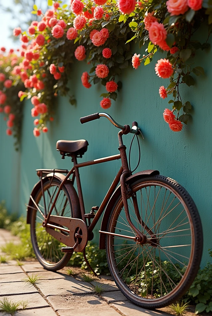 An old bicycle leaning against a wall covered in flowers