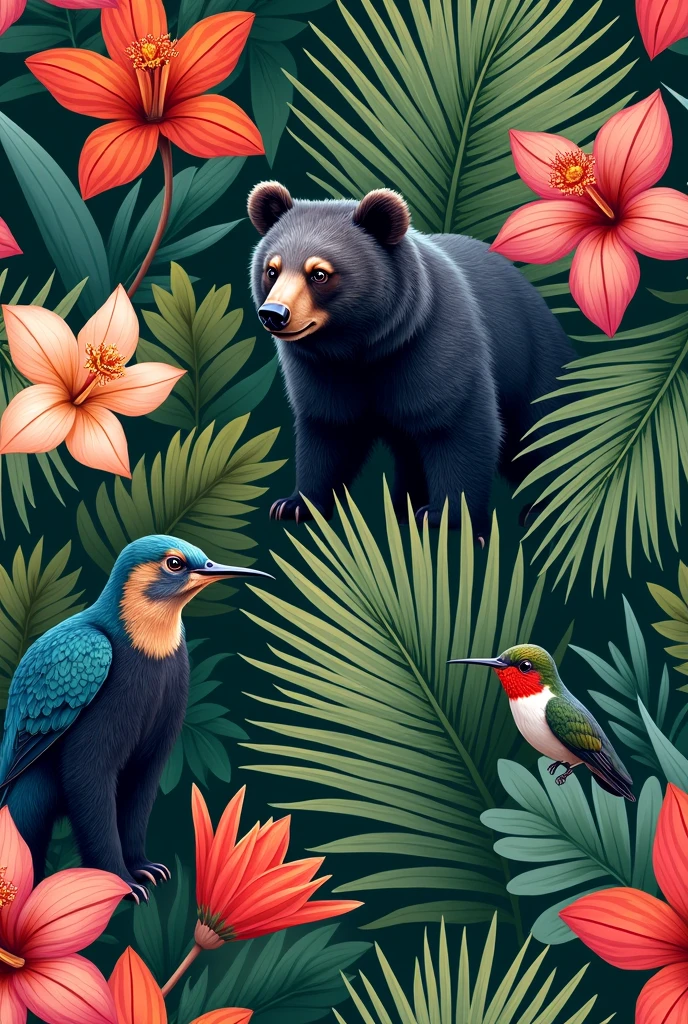 make a pattern containing ocobo flowers, wax palms, spectacled bear, hummingbird.