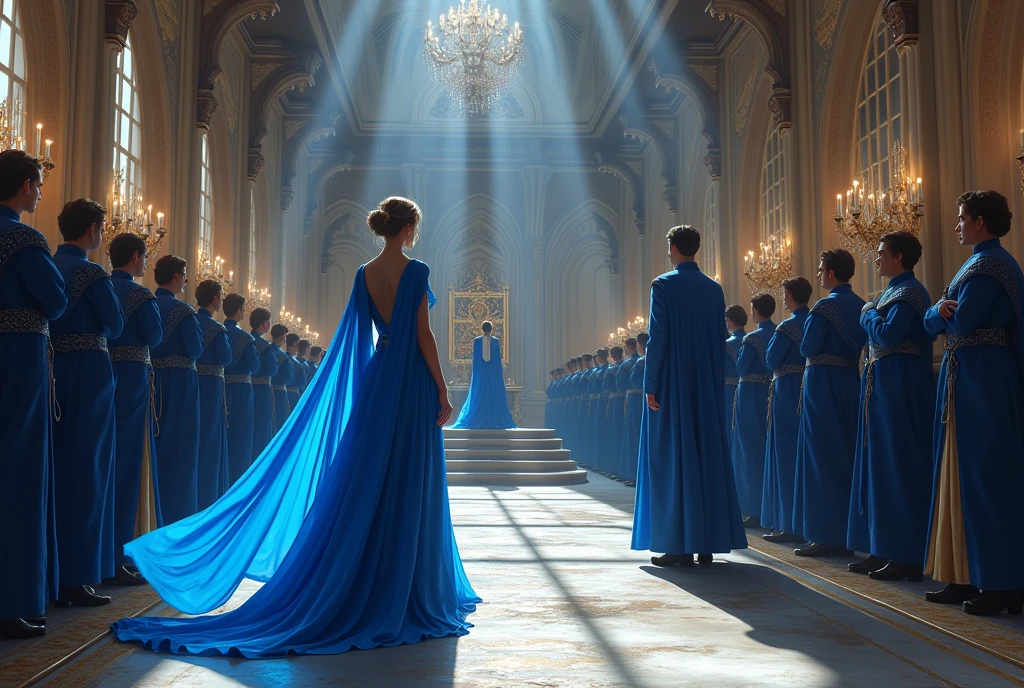 Woman in beautiful blue dress with cape is walking through the room to the throne in a beautiful castle. the king is standing in front of  her at the altar wearing a beautiful blue outfit 
