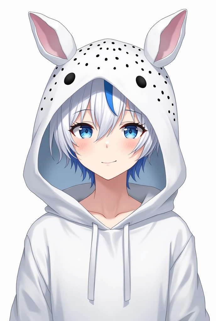 Anime character Cartoon hooded white sweatshirt with little ears hood full of black white dots blue eyes white hair man with blue highlights
