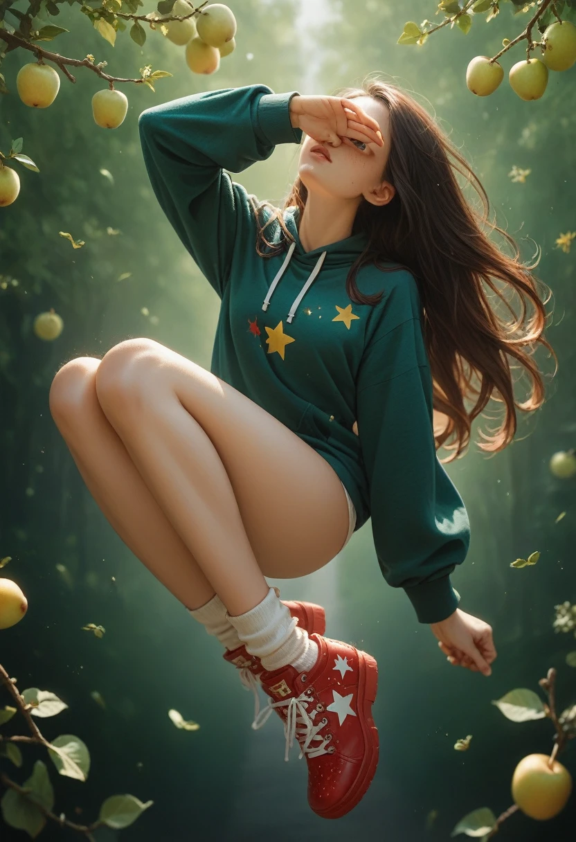 A beautiful young student woman, friendly face, long hair falling like a castata covering half of her eyes, wearing a green sweatshirt and red all stars shoes, dynamic pose, pear body.