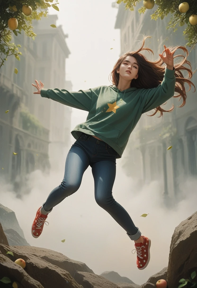 A beautiful young student woman, friendly face, long hair falling like a castata covering half of her eyes, wearing a green sweatshirt and red all stars shoes, dynamic pose, pear body.