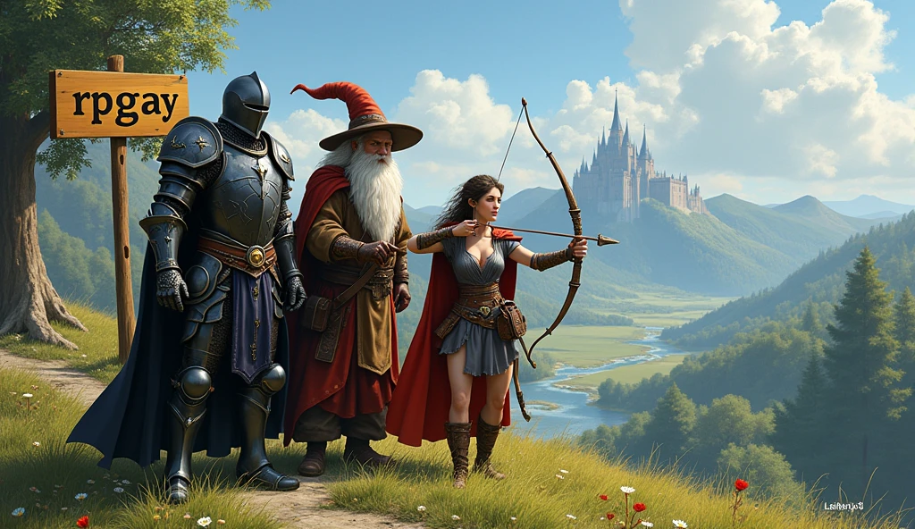 create a companion group with a black paladin,an old wizard,a female warrior with a bow and arrow in a medieval world with a sign saying "RPGAY"