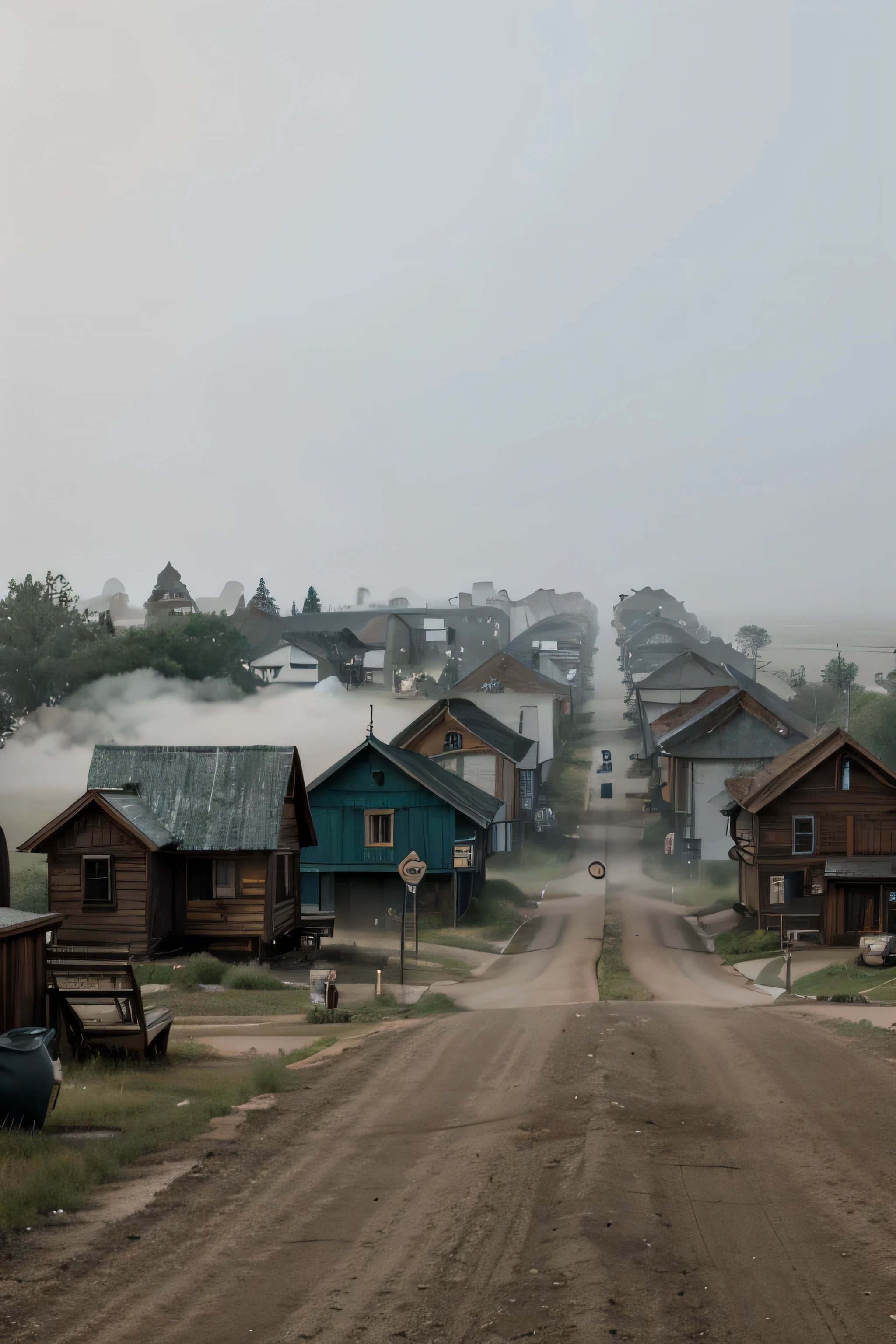 a ghost town filled with fog 