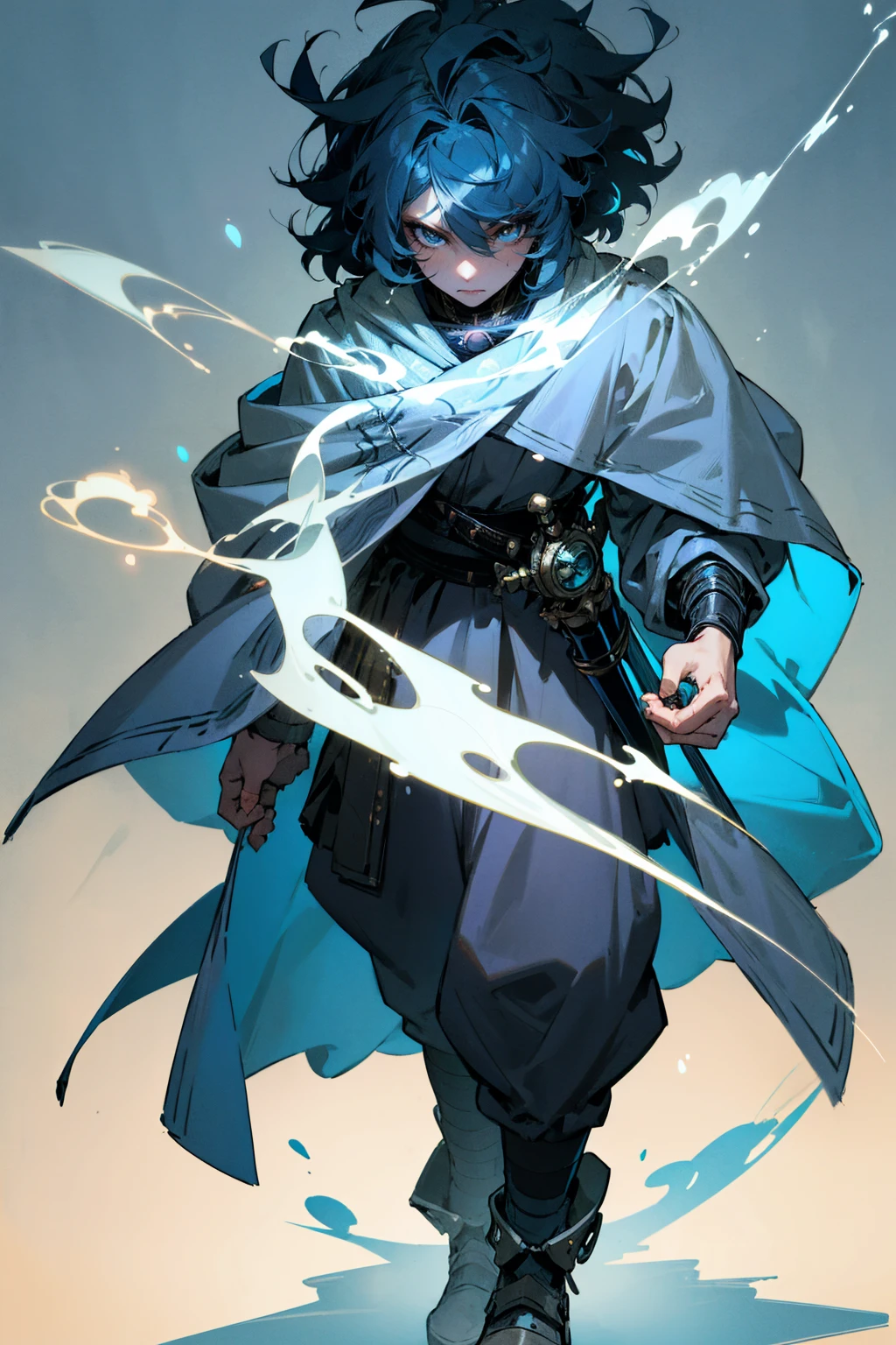 Masterpiece Quality, Perfect Generation, Sclera, Detailed Eyes, Skin, , , Warrior Clothing, Random Expression, , Battlefield Background, Full Body, Clothed, Hair Tie, Mad, Standing, strong, , eyes, , masculine, Male, , standing, neon blue hair, eye mask, medium neon hair, Afro, Bubbles