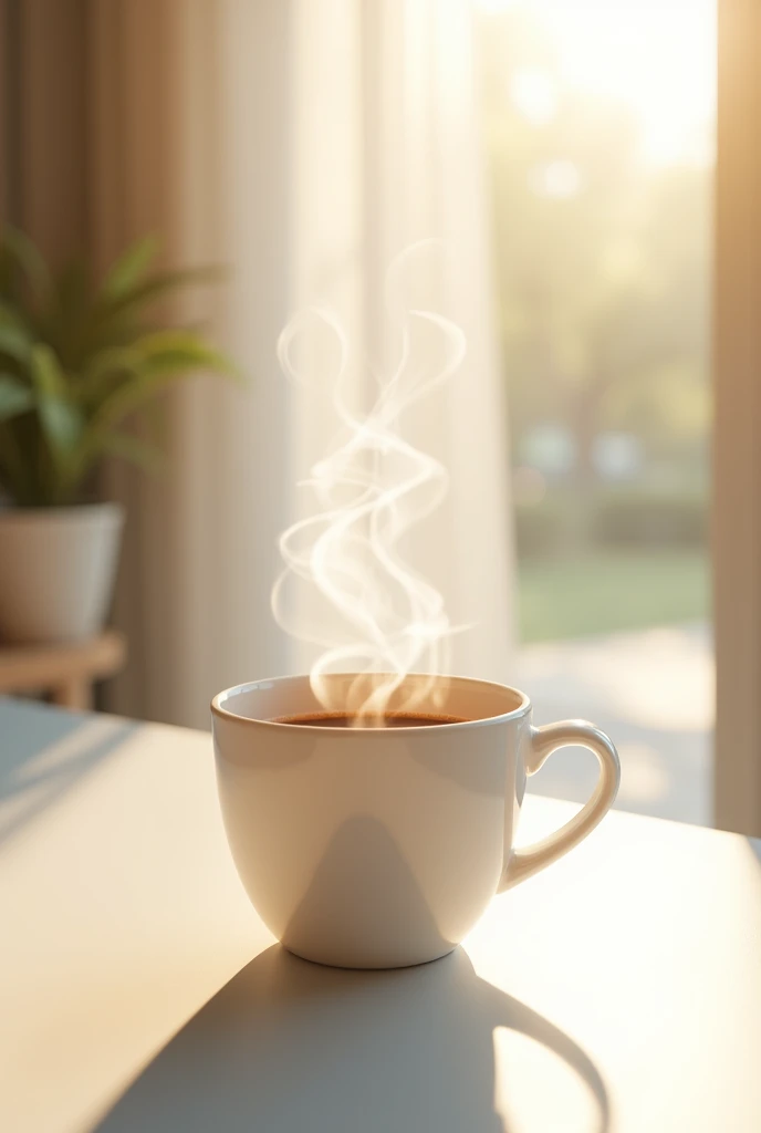 Cup of coffee with a white counter in the background and the sun shining.
