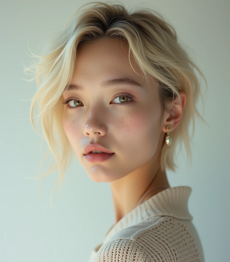 European blond girl with freackes have korean wolf haircut, short hair, 8k, highly detailed, high quality, masterpiece, ultra detailed, vivid colors, HDR, studio lighting, physically-based rendering,Open Mouth, 