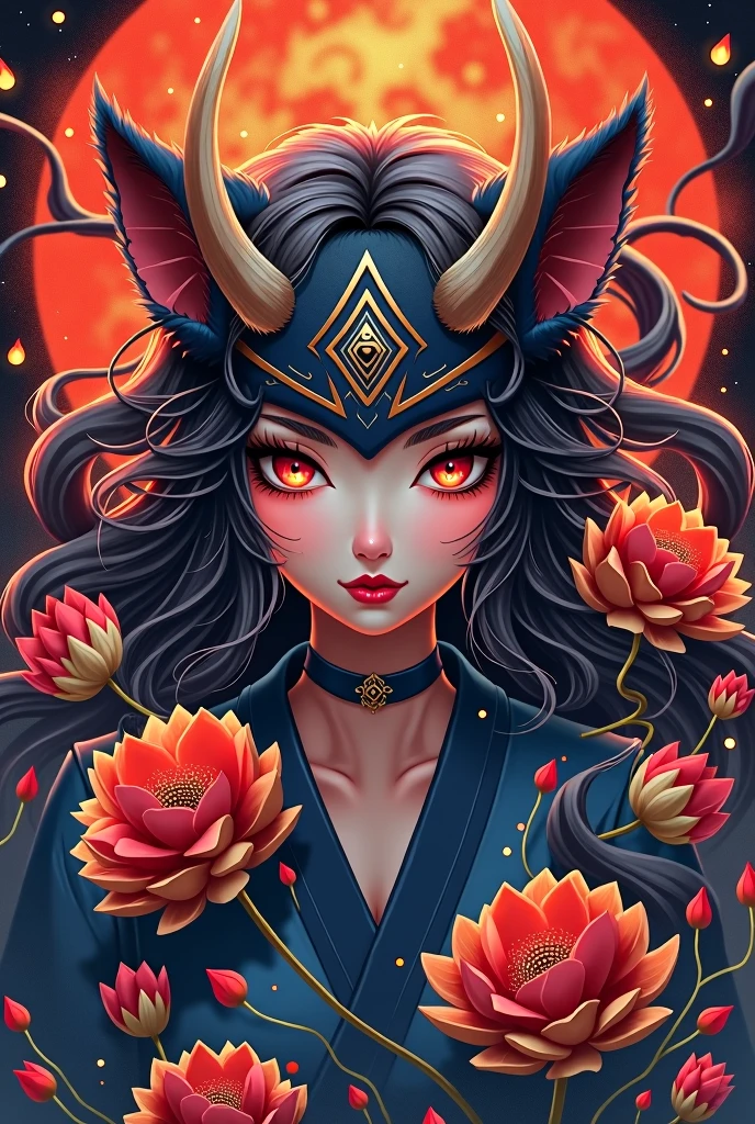 A drawing of an feminine oni mask which is surrounded by a Nekomata with lycoris in background