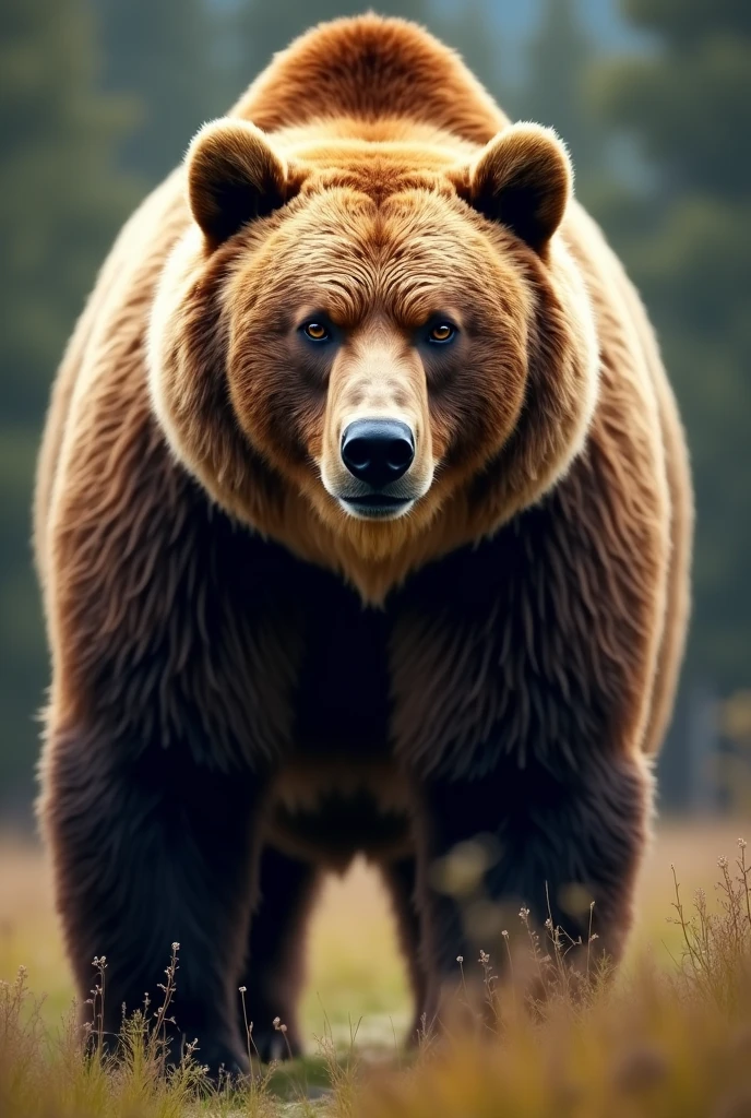 Make a realistic front-facing grizzly bear with the camera far away from it 