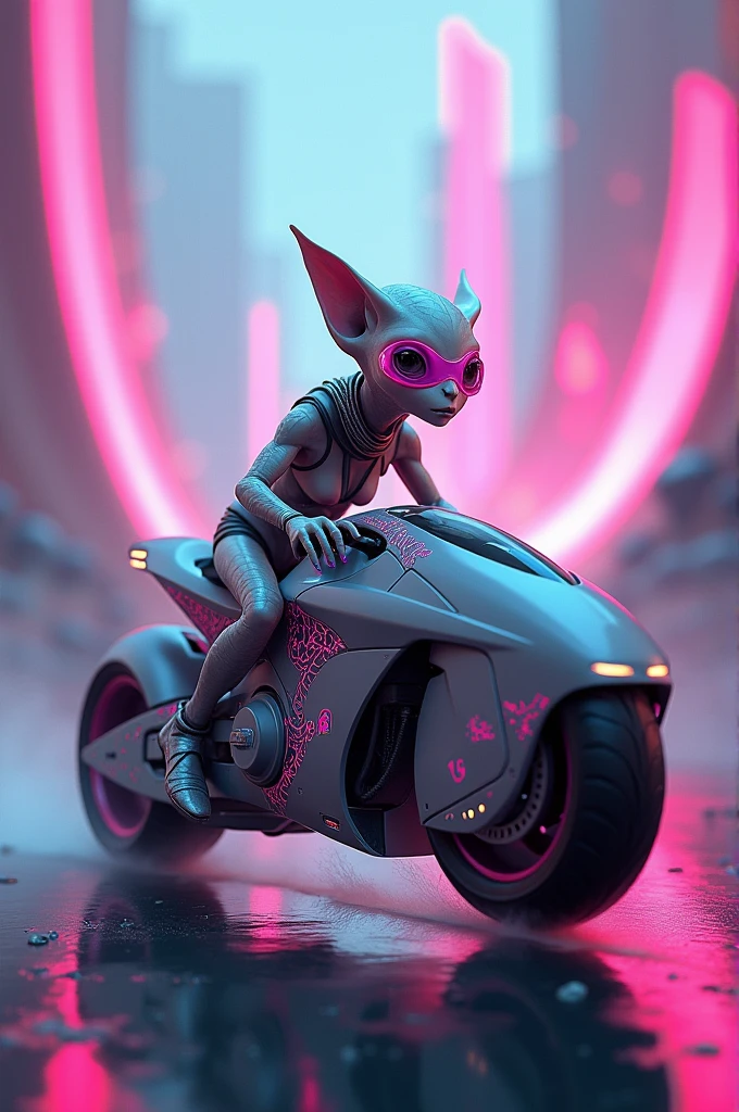 Alien riding a motorcycle with pink glasses