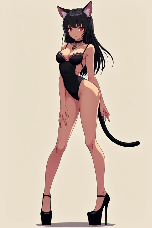 A really sexy ecchi cat anime girl. With a short tight sexy dress, super high platform heels, long legs, tiny waist, huge round bust, 2. Show her legs. Very tall high heels with lingerie