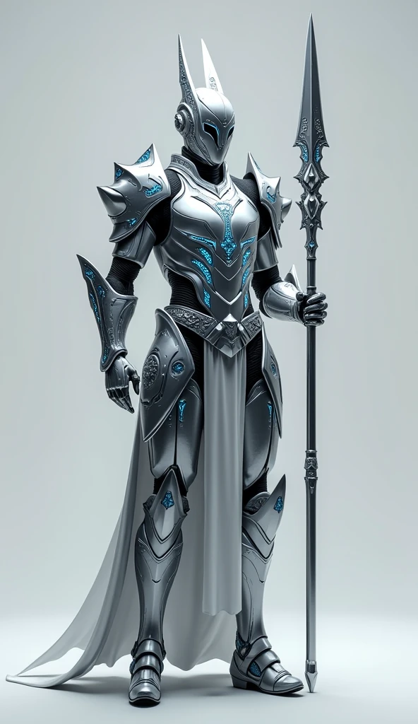 Generate a 4K, ultra-realistic image of a formidable warrior from Nova Aeterna. This warrior is fully visible, standing tall from head to toe, dressed in a sleek, futuristic silver armor with intricate, glowing blue patterns. The armor is adorned with symbols of the queen's elite guard, featuring a high-tech helmet with a sharp, menacing visor. The warrior holds a long, ornate spear, ready for battle. The background is a light gray, allowing every detail of the armor and weaponry to stand out, emphasizing the epic and imposing nature of this elite soldier.